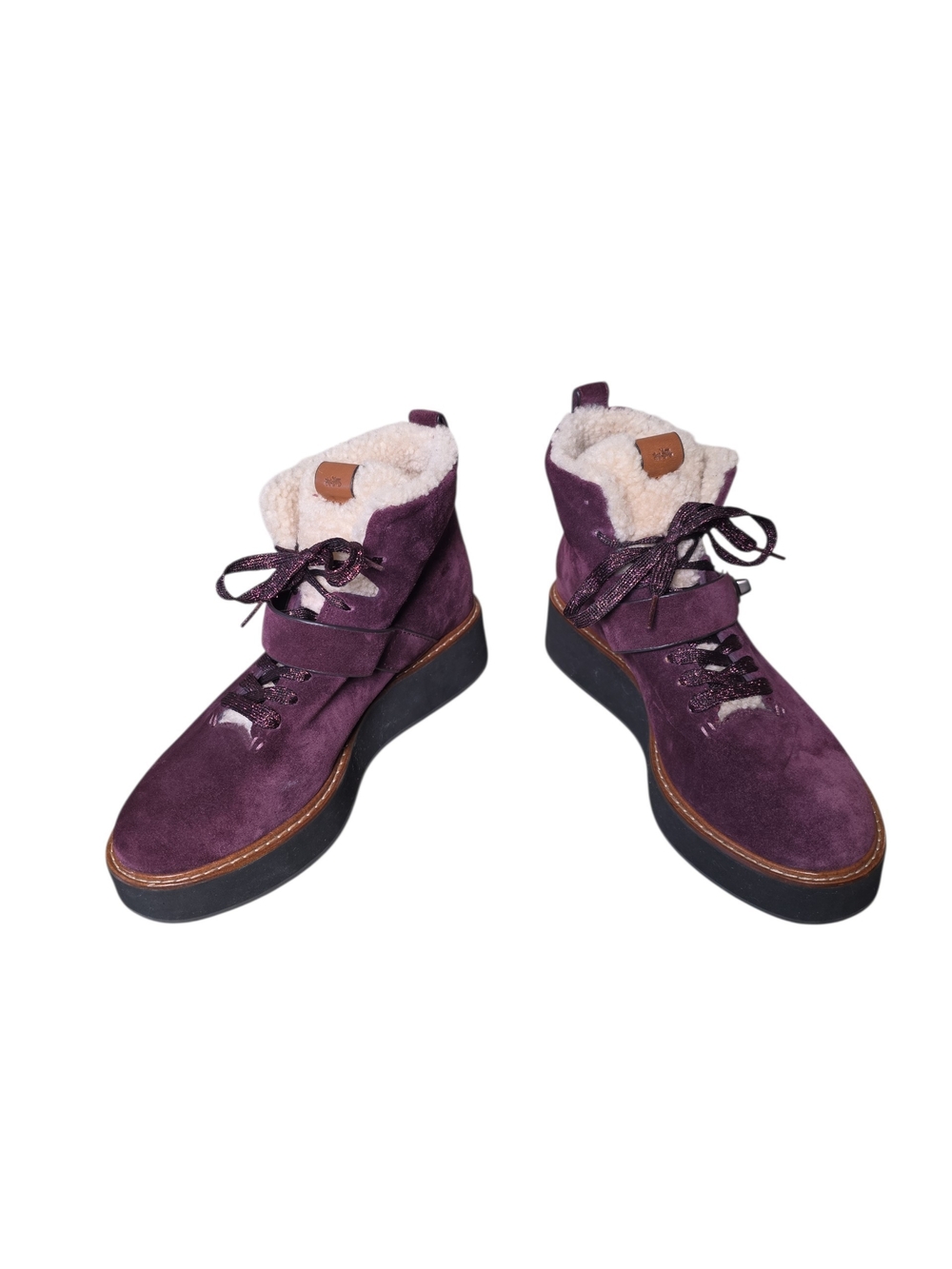 Coach Plum Suede Women's Winter Ankle Boots with Shearling Trim Size 9B